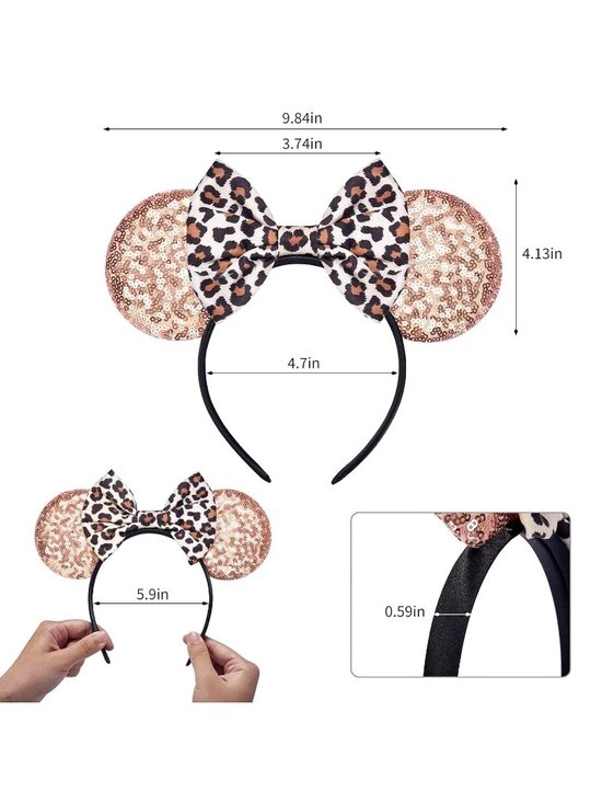 Women Leopard Sequin Bow Mickey Mouse Hair Headband for Cosplay